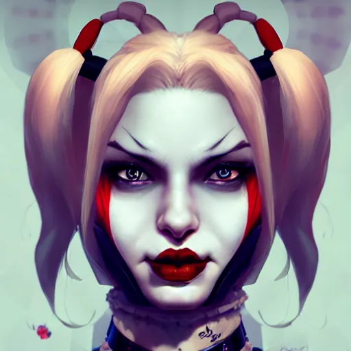 Image similar to facial portrait of a pretty harley quinn, character concept art, headshot, charlie bowater, anna dittmann, wlop, rumiko takahashi, akihiko yoshida, hyung - tae kim, alexander mcqueen, trending on artstation