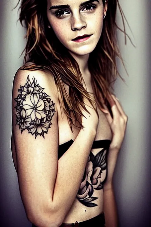 Image similar to emma watson, dope tattoo, hyperrealistic