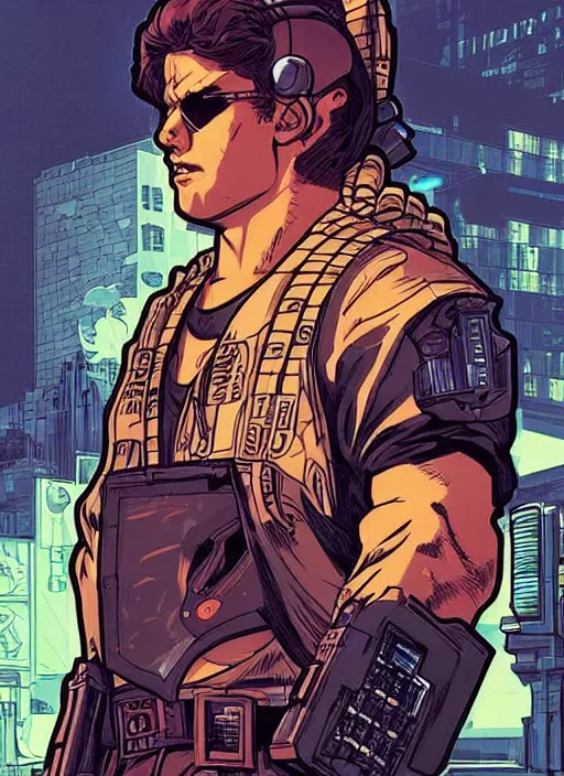 Image similar to hector. cyberpunk mercenary with scenic background. portrait illustration, pop art, art by ashley wood, alphonse mucha, laurie greasley and josan gonzales. cinematic. beautiful lighting.