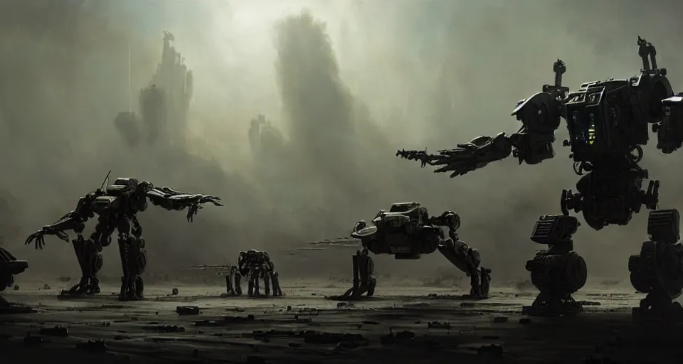 Image similar to hyper realistic sci - fi matte concept art painting of dramatic cinematic scene of humanoid zombie - flesh - battlemech, guns, missiles, explosions, beautiful details, strong composition painted by kim jung guweta studio rutkowski, james gurney and greg rutkowski, and lucasfilm, smooth, intricate, detailed, sharp focus, cinematic