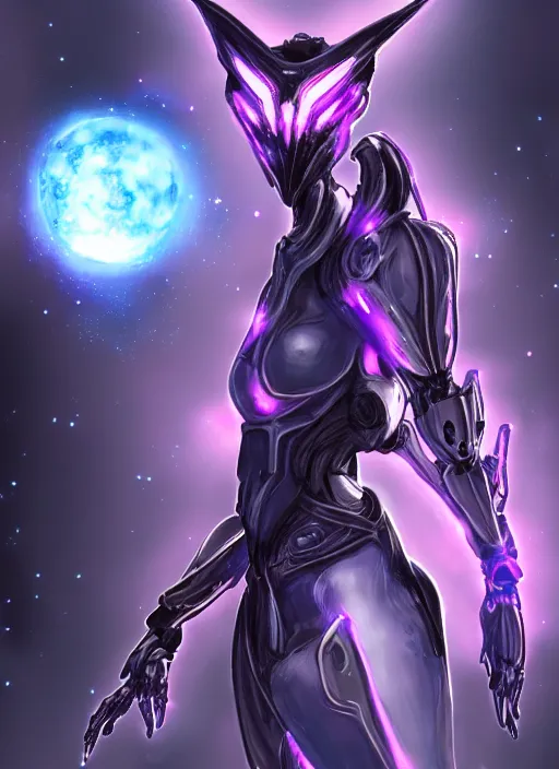 Image similar to cinematic shot, bust, cosmic sized perfectly proportioned stunning hot female warframe, robot mecha female dragon head, silver armor, fuschia leds, floating in empty space, nebula sized, holding a galaxy, epic proportions, epic size, epic scale, furry art, dragon art, giantess art, warframe fanart, furaffinity, deviantart