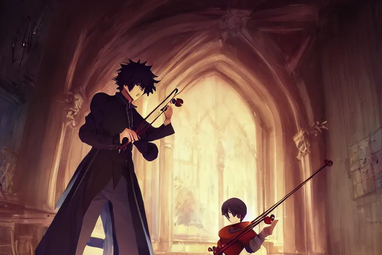 Prompt: anime key visual concept art of anime sherlock plays the violin, medieval european style noble manor interior, trending on artstation, brush strokes, oil on canvas, style of kawacy and makoto shinkai and greg rutkowski and studio ghibli