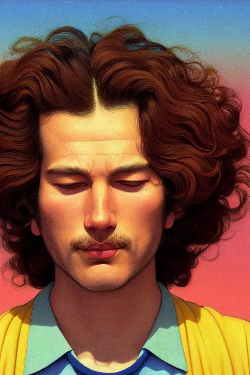 Prompt: a colorful vibrant closeup portrait of a simple caucasian man with curly mid length brown hair with a calm aesthetic face and dreaming psychedelic hair, by kawase hasui, moebius, edward hopper and james gilleard, zdzislaw beksinski, steven outram colorful flat surreal design, hd, 8 k, artstation