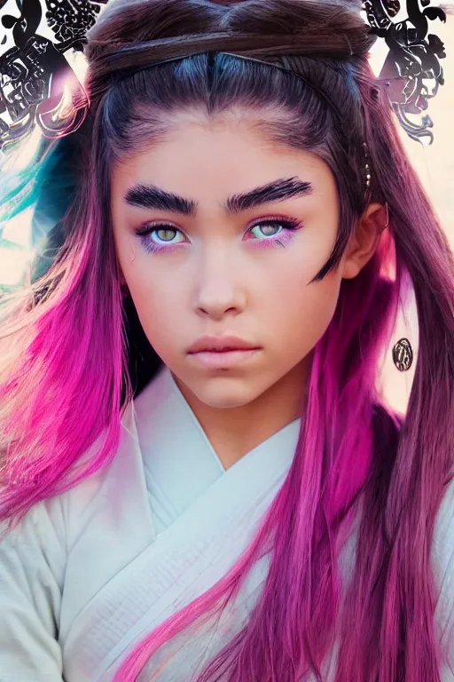 Image similar to highly detailed beautiful photo of madison beer as a young female samurai, practising sword stances, symmetrical face, beautiful eyes, pink hair, realistic anime art style, 8 k, award winning photo, pastels colours, action photography, 1 / 1 2 5 shutter speed, sunrise lighting