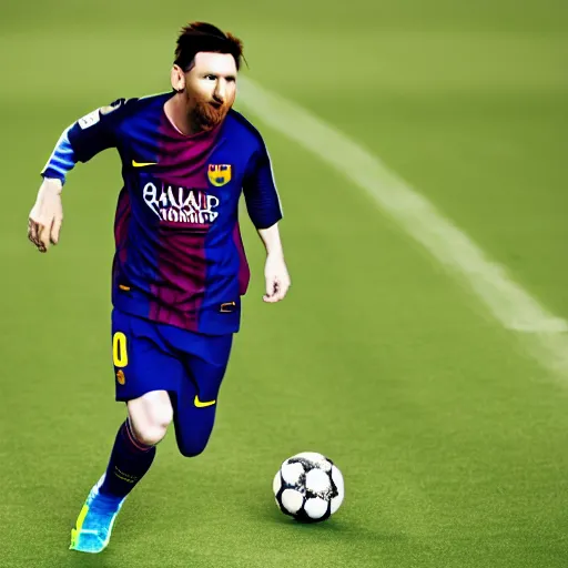 Image similar to lionel messi running extremely fast while his body emits blue lightning, 8 k