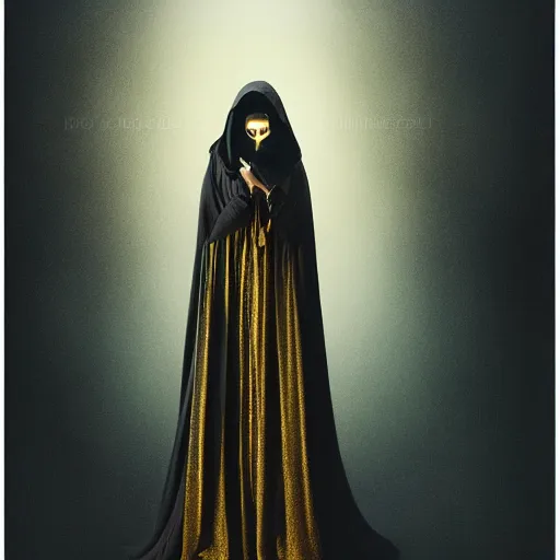 Image similar to a portrait of a young woman wearing a long dark cloak, hood and shadows covering face, holding golden chains, oil painting, matte painting, black background, Volumetric Golden dappled dynamic lighting, Highly Detailed, Cinematic Lighting, Unreal Engine, 8k, HD, by Beksinski