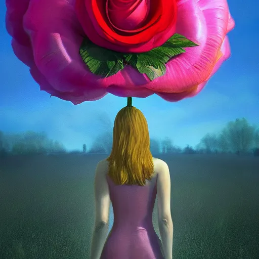 Image similar to giant rose flower head, frontal, girl in a suit, surreal photography, sunrise, dramatic light, impressionist painting, digital painting, artstation, simon stalenhag