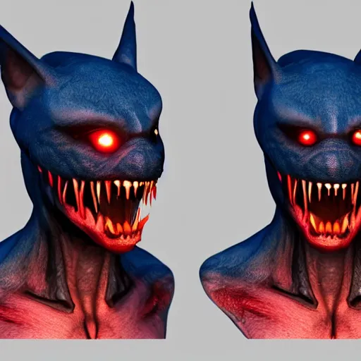 Image similar to front and back character view of scary giant mutant dark blue humanoid bat, glowing red eyes flying above a stormy ocean, sharp teeth, acid leaking from mouth, realistic, giant, bat ears, bat nose, bat claws, bat wings, furred, covered in soft fur, detailed, trending on artstation clean concept art and sheet that using unreal engine 5 render and hyper detailed 3D texture with cinematic software light 85mm f/1.4