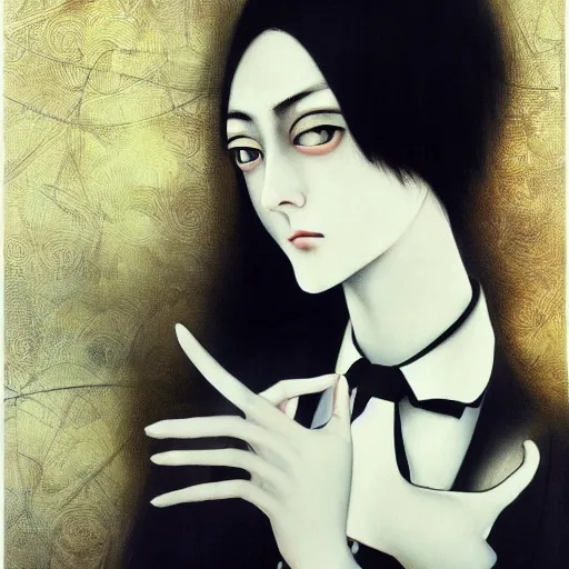 Image similar to yoshitaka amano blurred and dreamy realistic portrait of a woman with black eyes and white hair wearing dress suit with tie, junji ito abstract patterns in the background, satoshi kon anime, noisy film grain effect, highly detailed, renaissance oil painting, weird portrait angle, blurred lost edges, three quarter view