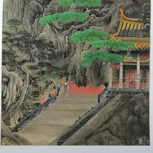 Prompt: feng zhu painting of Chinese temple and stairs leading through forest in spring