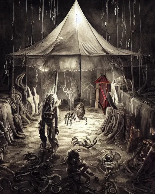 Image similar to the little circus of horrors, circus tent outside, creepy, hyper realistic, ambient lighting, horror art, intricate, hyper detailed, smooth