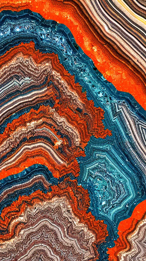 Image similar to macro photography, vivid color, folded, tessellated planes and shelves of rock, alien sedimentary crystal formations, quartzite, igneous rock, marbled veins, 3D!!! diorama!!!!!!, depth of field patina of inlaid circuitry, layers of strata, mineral grains, dramatic lighting, rock texture, sand by James jean, geology, octane render in the style of Luis García Mozos