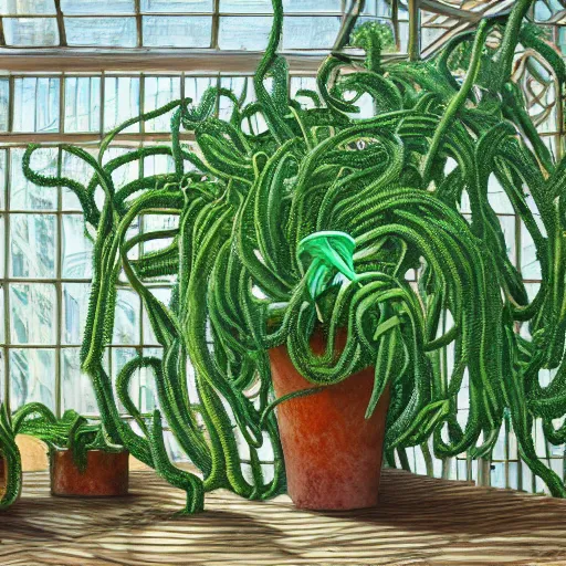 Image similar to wide shot several green poisonous spiked tentacula vines grow from a pot, on wooden table in the diagon ray of sunshine in large greenhouse, digital art, realistic, sharp focus, high detailed, calm, warm lighting, by Rutkowsky, by Levitan