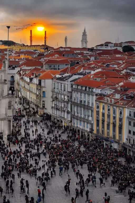 Image similar to a crowd of people running away in lisbon as a nuclear mushroom cloud flashes above the skyline