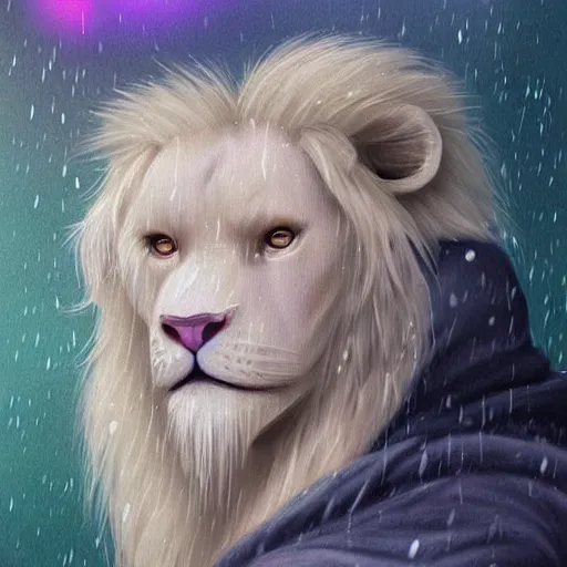 Image similar to aesthetic portrait commission of a albino male furry anthro lion in a rainy utopian city while wearing a cute green jacket cozy soft pastel winter outfit with pearls on it, rainy atmosphere. character design by charlie bowater, ross tran, artgerm, and makoto shinkai, detailed, inked, western comic book art, 2 0 2 1 award winning painting