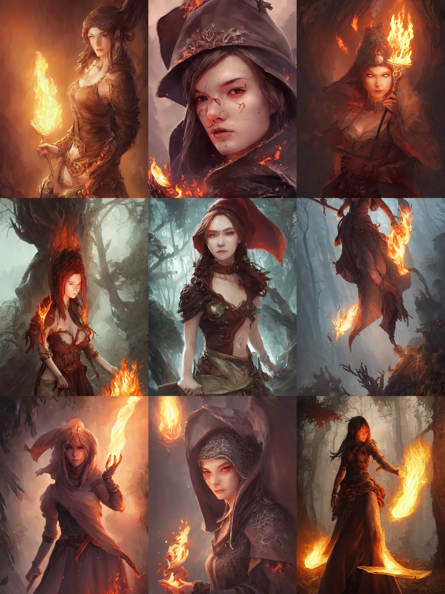 Prompt: character concept art of a dark fantasy female pyromancer, key visual, realistic shaded perfect face, fine details, forest background, highly detailed, digital illustration, by stanley artgerm lau, wlop, rossdraws, james jean, andrei riabovitchev, marc simonetti, and sakimichan