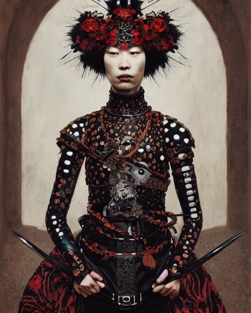 Prompt: portrait of a medieval warrior yayoi kusama, goth punk, floral flowers, a flemish baroque by alexander mcqueen, art by john collier by greg rutkowski and craig mullins, oil on canvas