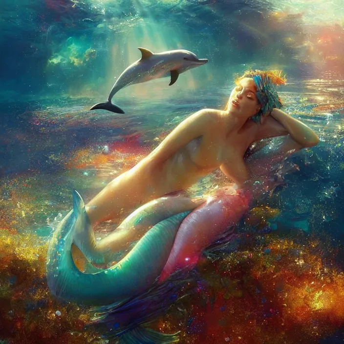 Image similar to glimmering mermaid swimming underwater, dolphins, golden hour, god rays, coral reef, dreamscape by artgerm and ruan jia and ismail inceoglu and greg olsen, cosmos, milky way galaxy, masterpiece, beautiful, intricate, elegant, highly detailed