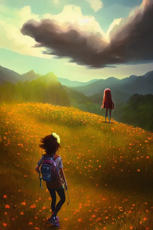 Image similar to giant daisy flower head, girl hiking in the mountains, surreal photography, sunrise, dramatic light, impressionist painting, colorful clouds, digital painting, artstation, simon stalenhag