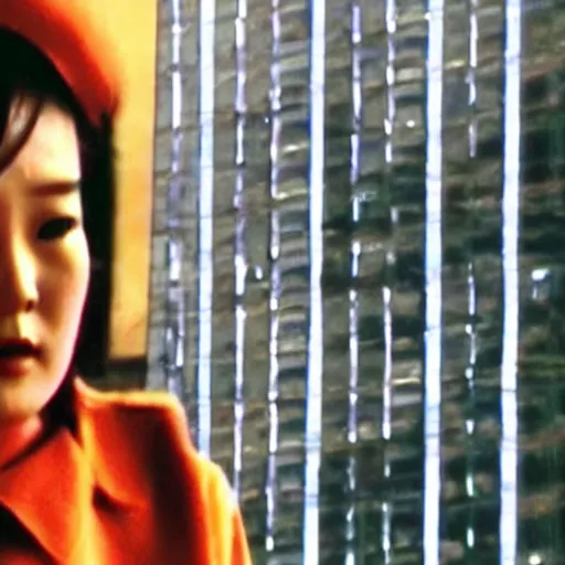 Image similar to a film still of a north korean film noir, video compression, ripple effect