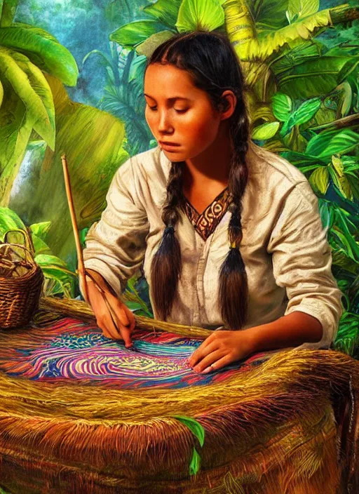 Image similar to a beautiful painting of a young indigenous female crafting a fabric in the jungle realistic face ayahuasca fantasy art style matte painting highly detailed