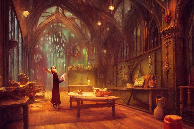 Image similar to A mouse in a Gothic atelier, oil painting, detailed, colorful, glowing lighting, 4k, depth of field, in the style of Yanjung Chen and Tom Bagshaw,