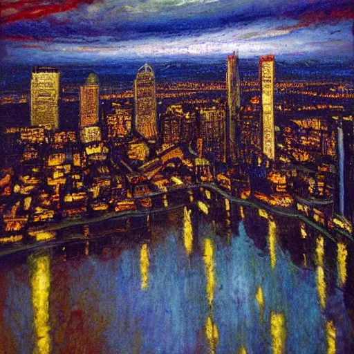 Image similar to impressionistic full - color painting of a distorted mirror reflecting a nightmarish aerial view of boston downtown skyline in 1 9 2 5 at night with a horrifying sky, aerial view, dark, brooding, night, atmospheric, horror, cosmic, ultra - realistic, smooth, highly detailed by dave dorman