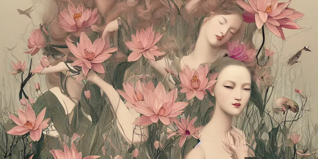 Image similar to breathtaking detailed concept art painting art deco pattern of blonde faces goddesses amalmation lotus flowers with anxious piercing eyes and blend of flowers and birds, by hsiao - ron cheng and john james audubon, bizarre compositions, exquisite detail, extremely moody lighting, 8 k