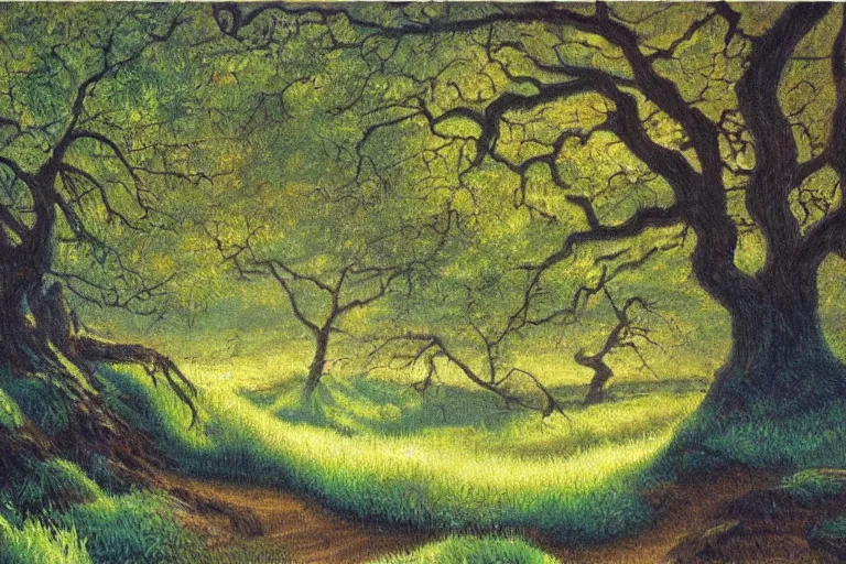 Prompt: masterpiece painting of oak trees on a hillside overlooking a creek, dramatic lighting, by kinuko craft