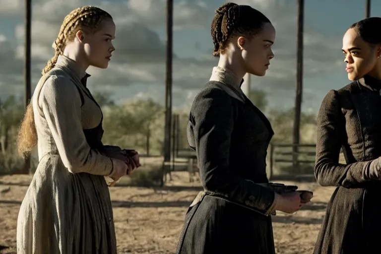 Image similar to evan rachel wood as hale and tessa thompson as dolores in westworld