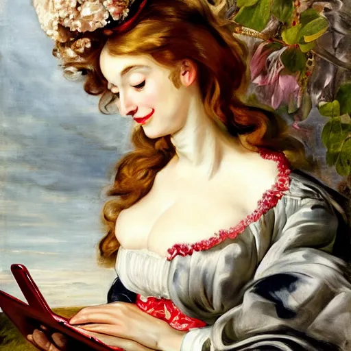 Image similar to heavenly summer sharp land sphere scallop well dressed lady looking at her laptop while drinking a starbucks coffee auslese, by peter paul rubens and eugene delacroix and karol bak, hyperrealism, digital illustration, fauvist