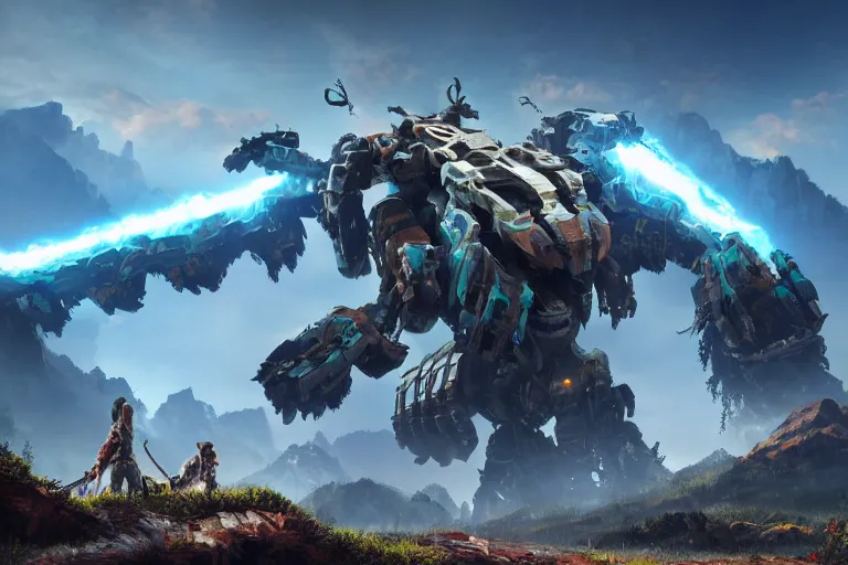 Image similar to tremortusk machine mecha animal beast robot of horizon forbidden west horizon zero dawn bioluminiscence global illumination ray tracing hdr fanart arstation by sung choi and eric pfeiffer and gabriel garza and casper konefal