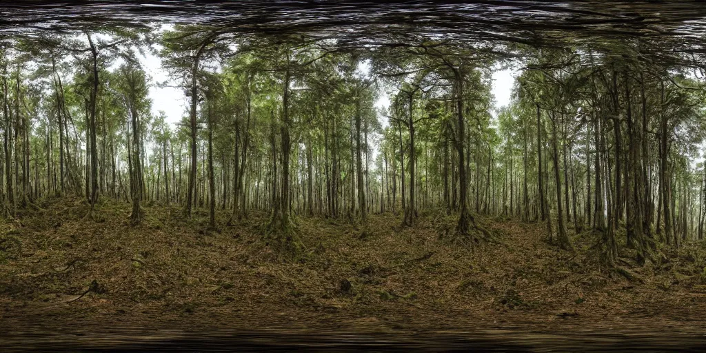 Image similar to a 360 photograph of a scary forest