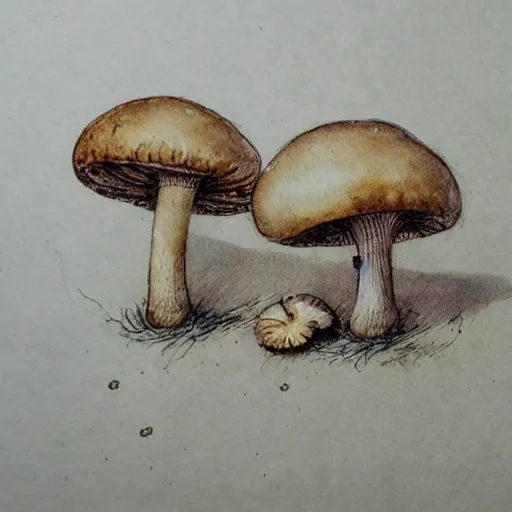 Prompt: jean - baptiste monge water color on white paper watercolor sketch of mushrooms hard edges, pencil lines, drips, runs, spatter, pen and ink