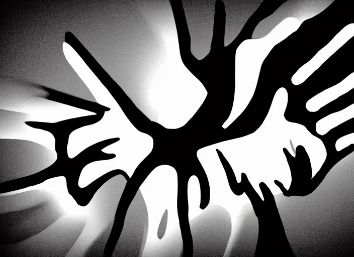 Prompt: black and white clip art of a man\'s hand bursting through a wall, palm up