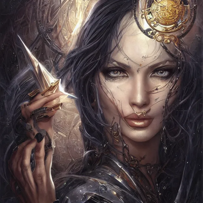 Image similar to a highly detailed painting of a sorceress with piercing beautiful eyes, dark tomb setting, dynamic lighting, ambient lighting, deviantart, art by artgerm and karol bak and mark brooks