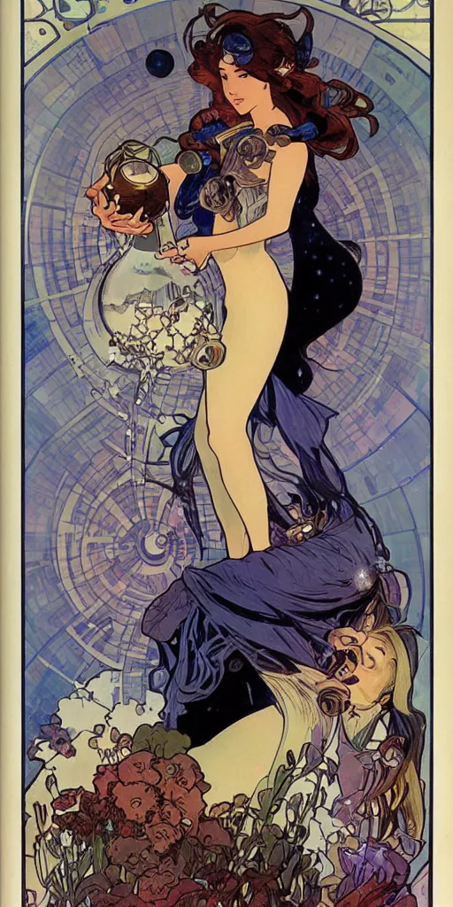 Image similar to a woman wearing outer space as a dress, pouring water from a vase into the milky way, by joe madura, by alphonse mucha, battle chasers.