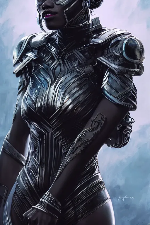 Image similar to art by artgerm, ultra realistic illustration, wakandan warrior in a atlantien style armor, hacknaut cyberpunk, sci - fi, fantasy, intricate, elegant, highly detailed, digital painting, artstation, concept art, smooth, sharp focus, illustration.