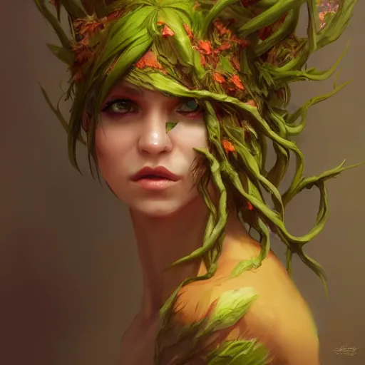 Image similar to nott as a dryad, her skin are yellow leaves portrait, highly detailed, headshot, digital painting, trending on artstation, concept art, sharp focus, illustration, art by artgerm and greg rutkowski and magali villeneuve