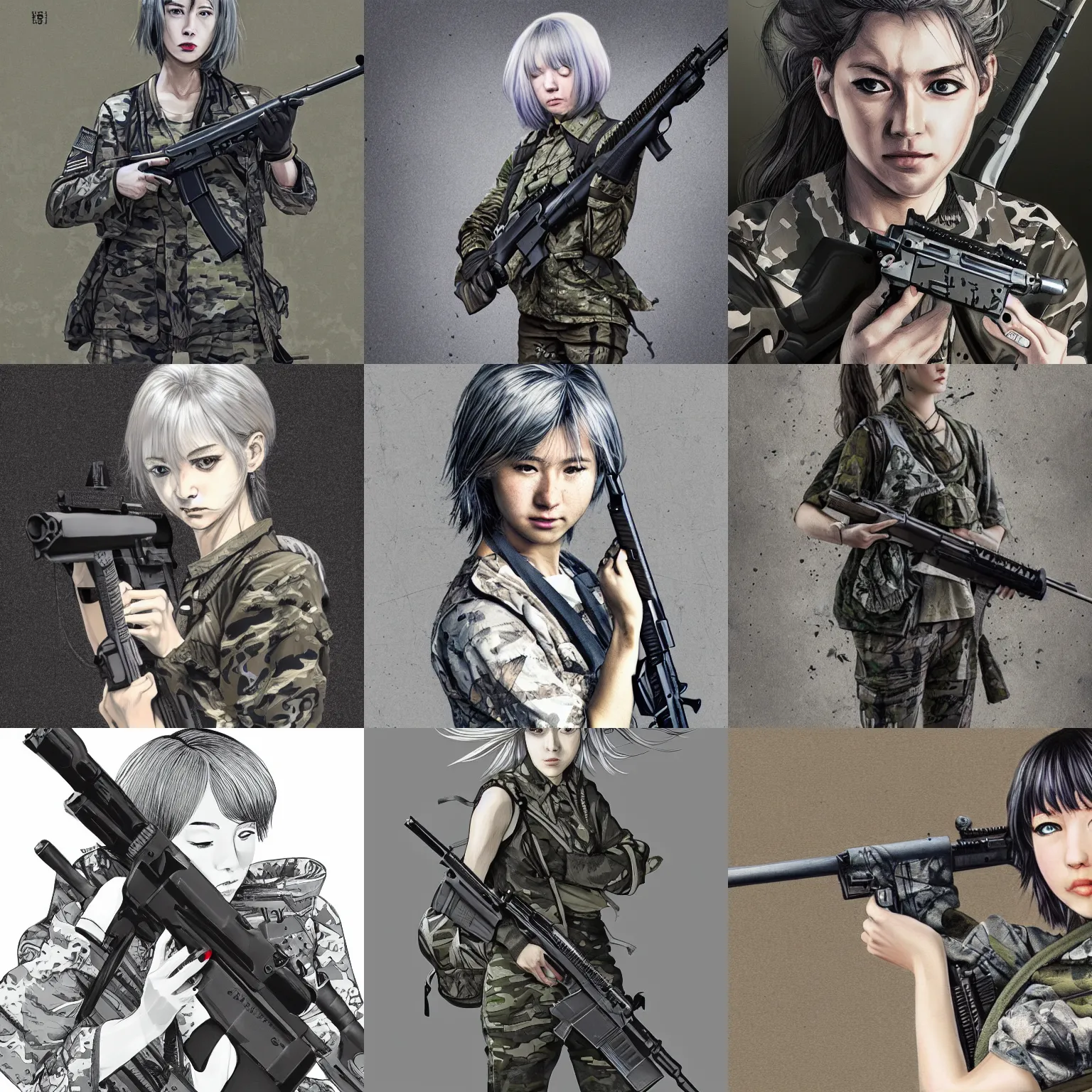 Prompt: silver hair girl holding a gun, multicam camo, cinematic portrait, ilustration by Takehiko Inoue