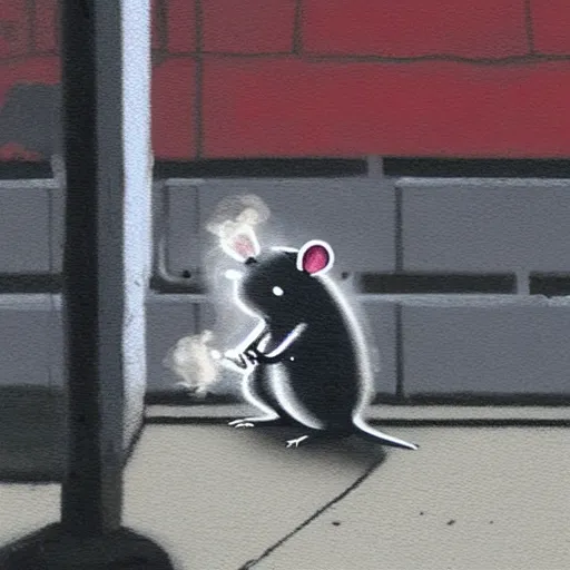 Image similar to a rat smoking a joint in new york with smoke coming through a grate in the ground and warm street lights in the background, painting by banksy, banksy art, high detail, 4 k, smooth,