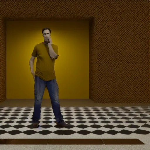 Prompt: 3 d render of jerma 9 8 5, jerma in a liminal space, non - euclidean space, office space, worn mono - yellow wallpaper, old moist carpet, inconsistently - placed fluorescent lighting, high octane, blender, 3 d render