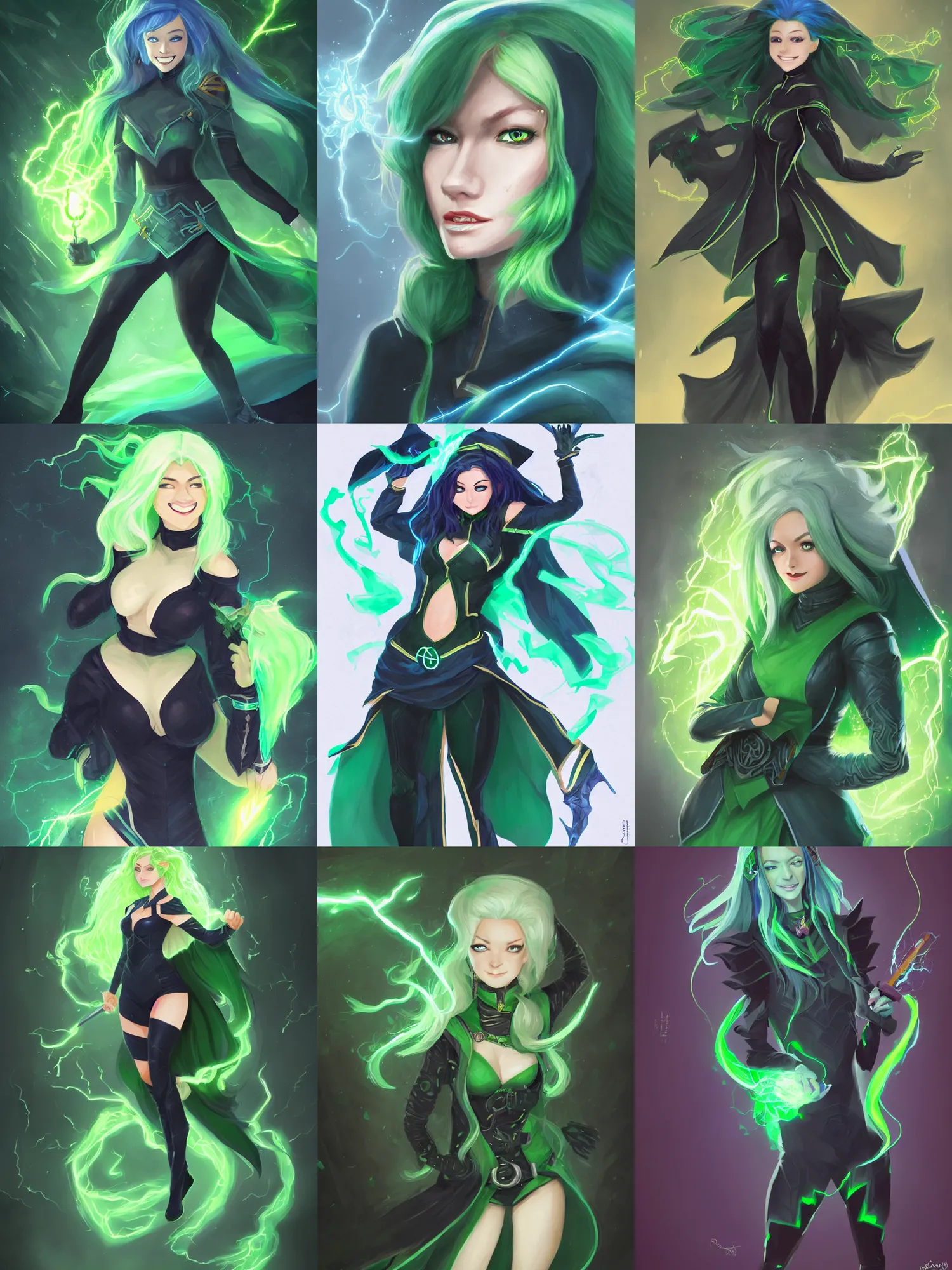 Prompt: full body portrait of a female wizard in a classroom, skintight black bodysuit, blue robes, green hair, attractive, green eyes, white face, cute smile, lightning, very detailed face, highly detailed, dnd, high fantasy, digital illustration, by rossdraws