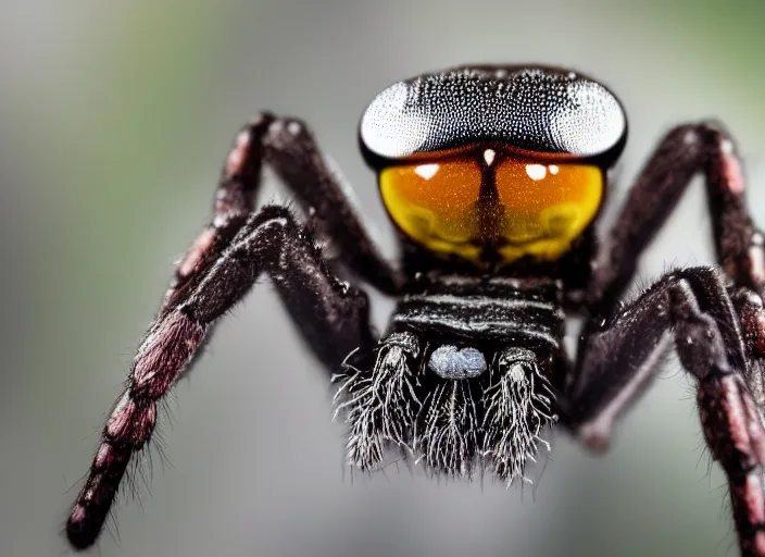 Image similar to super macro of a crystal spider with big eyes sitting on a flower, in the forest. fantasy magic style. highly detailed 8 k. intricate. nikon d 8 5 0 3 0 0 mm. award winning photography.