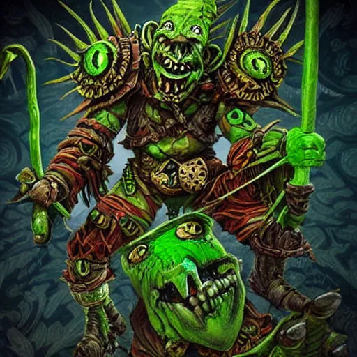 Prompt: a photo of a shaman goblin in the style of Warhammer, green skin goblin in front of fractals, fractal background