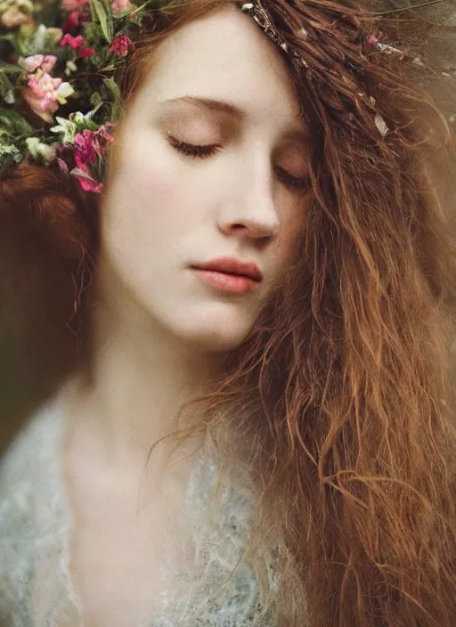 Image similar to Kodak Portra 400, 8K, soft light, volumetric lighting, highly detailed, britt marling style 3/4, Close-up portrait photography of a beautiful woman how pre-Raphaelites a woman with her eyes closed is surrounded by water face is surrounded by fish, she has a beautiful lace dress and hair are intricate with highly detailed realistic beautiful flowers , Realistic, Refined, Highly Detailed, natural outdoor soft pastel lighting colors scheme, outdoor fine art photography, Hyper realistic, photo realistic