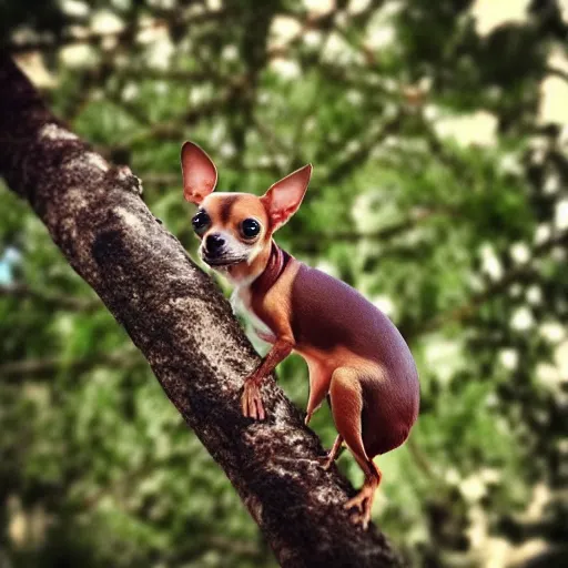 Prompt: “ a brown chihuahua dog that looks like a scorpion, in a tree, photo, realistic ”