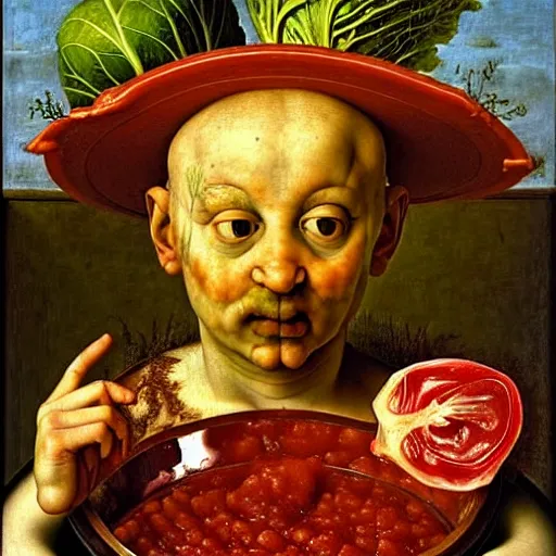 Image similar to a boy sitting in a tub full of tomato sauce, a lot of cabbage, by giuseppe arcimboldo and ambrosius benson, renaissance, portrait, fruit, intricate and intense oil paint, realistic