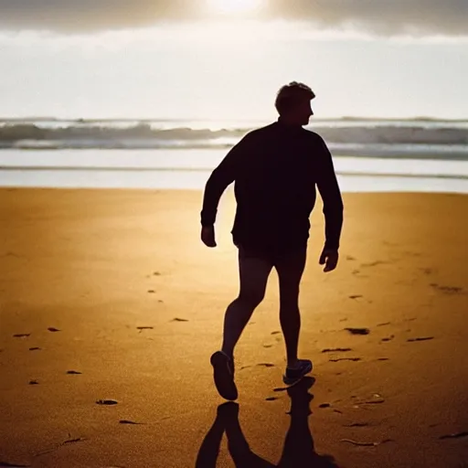 Prompt: a film photo of a man, athletic, walking towards camera on an Oregon beach, facing camera, natural lighting, golden hour, well lit, Kodak gold 200 film, trending on instagram