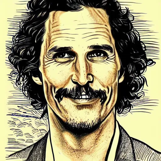 Image similar to a portrait drawing of Mathew McConaughey drawn by Robert Crumb